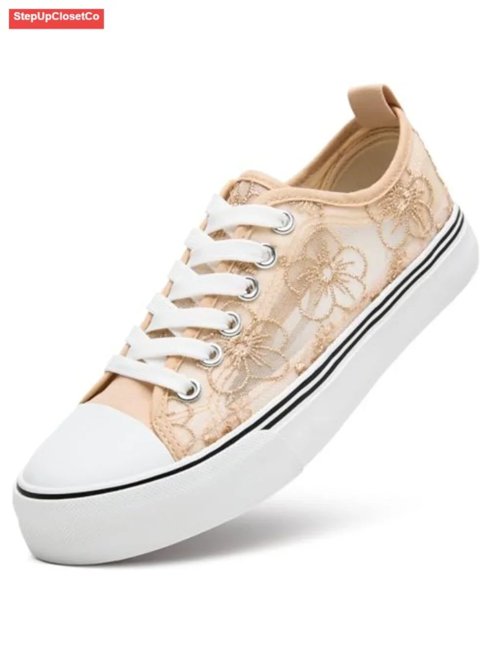 Women's Low-Top Lace-Up Mesh Canvas Sneakers with Embroidery Floral Design